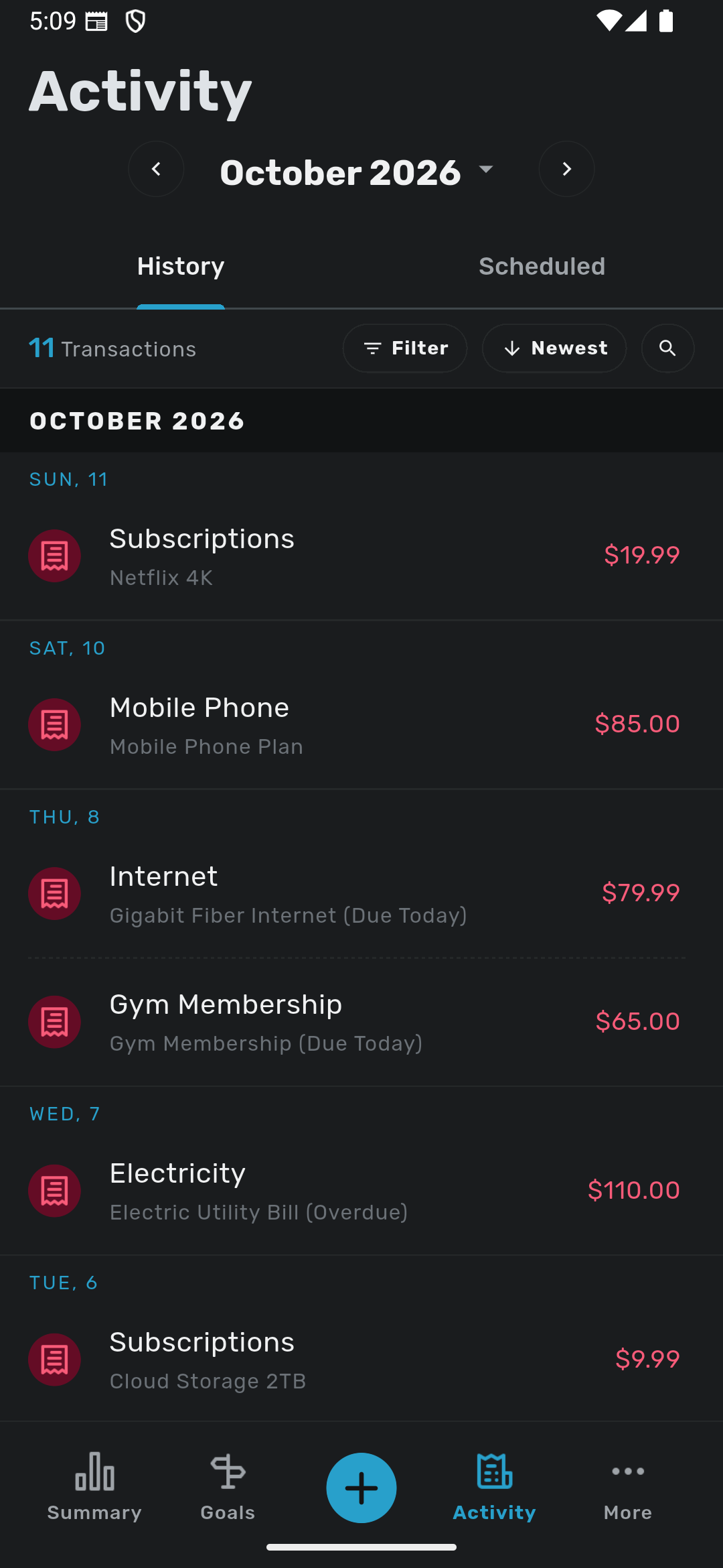 Savvy Expense Pro — Activity History