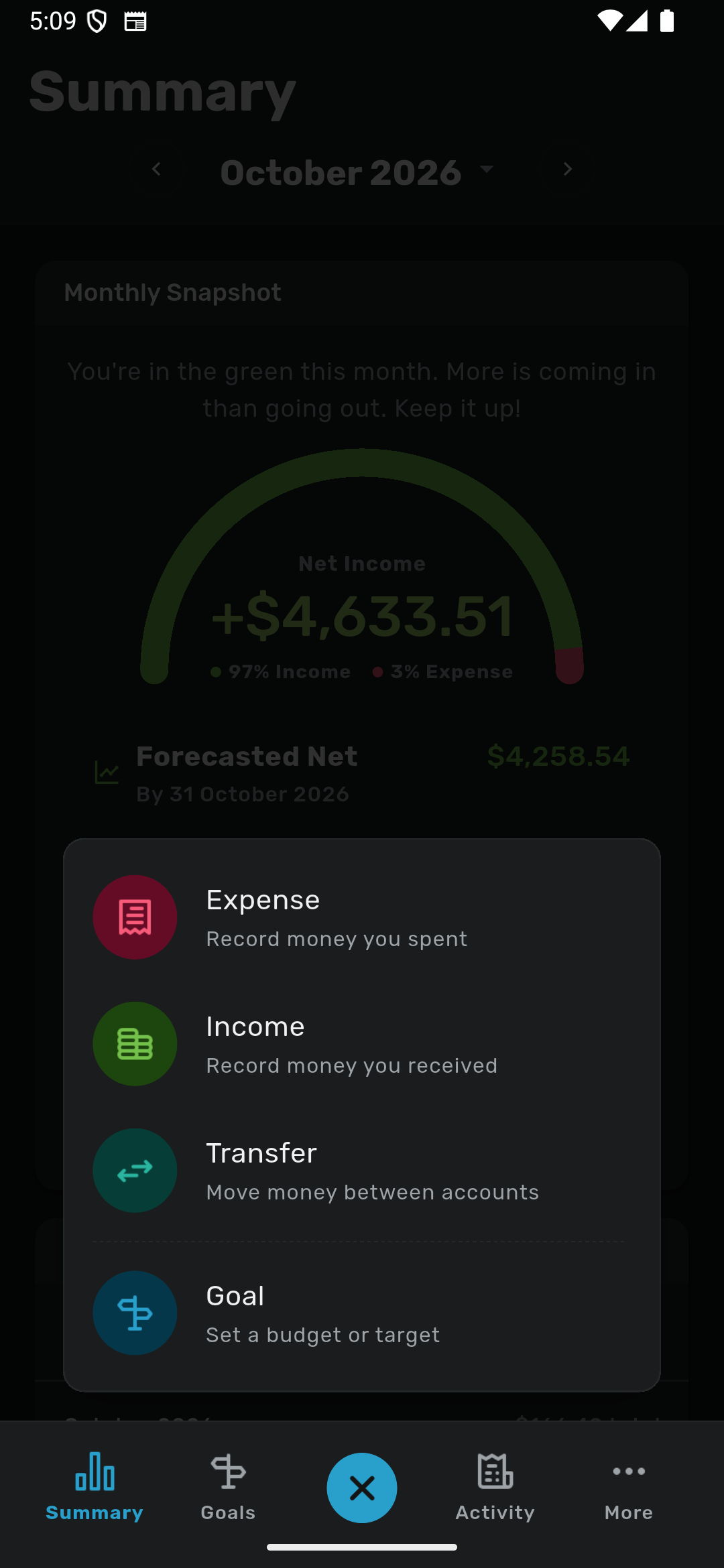 Savvy Expense Pro quick-add menu on iPhone