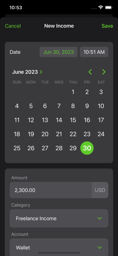 Transaction - new income - date picker