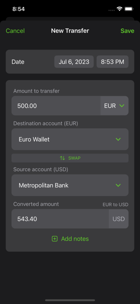 Transaction - new transfer - multiple currencies